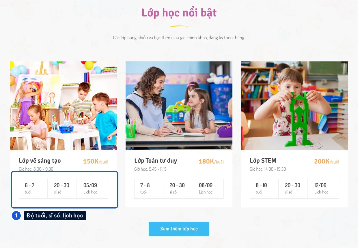 Thẻ lớp năng khiếu có độ tuổi, sĩ số, lịch học trên mẫu website trường tiểu học Poznan