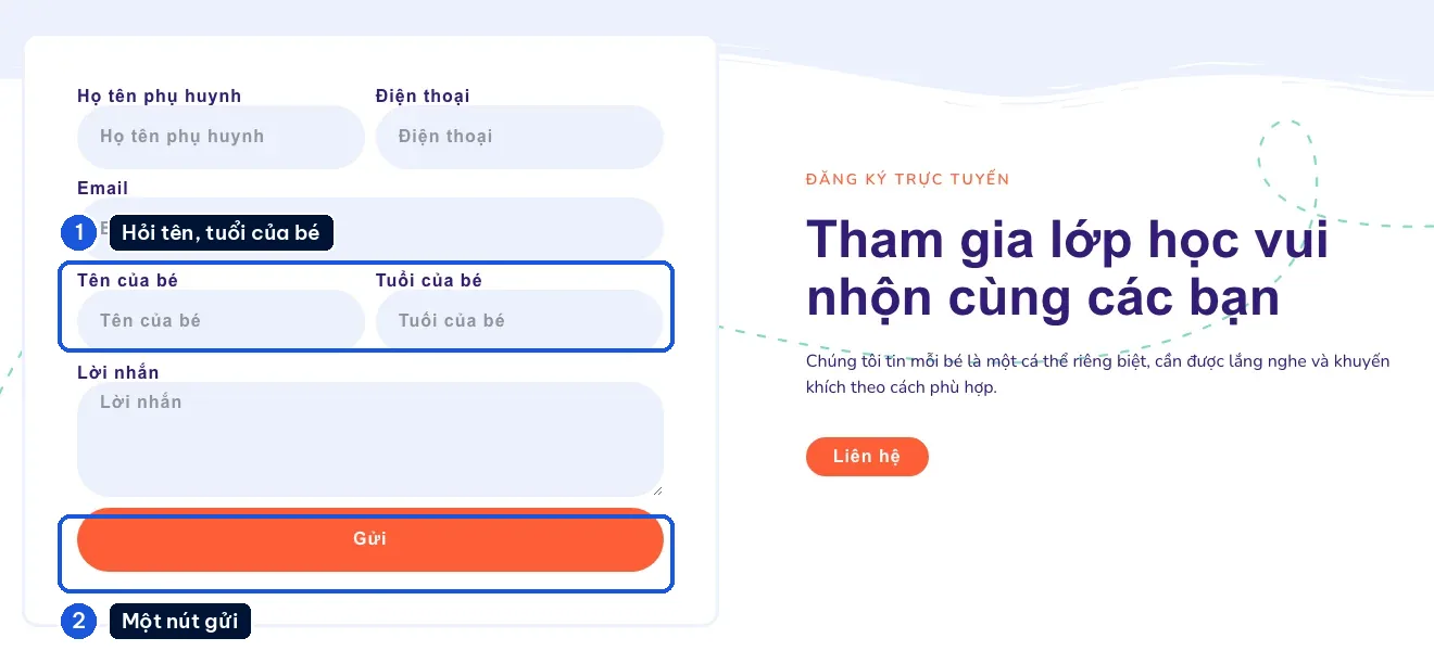 Form đăng ký có ô tên phụ huynh, tên và tuổi của bé trên mẫu website trường mầm non Kidzonia