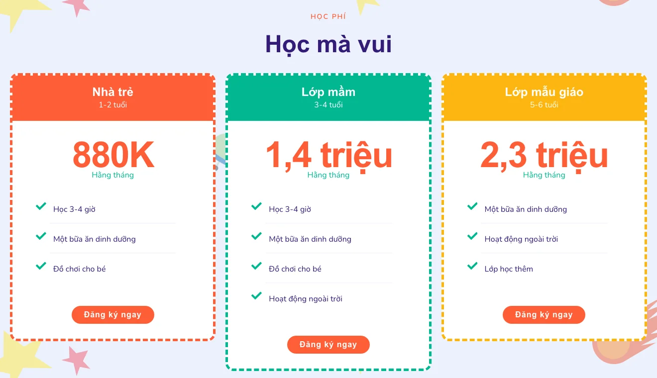 Bảng học phí theo nhà trẻ, lớp mầm, lớp mẫu giáo trên mẫu website trường mầm non Kidzonia
