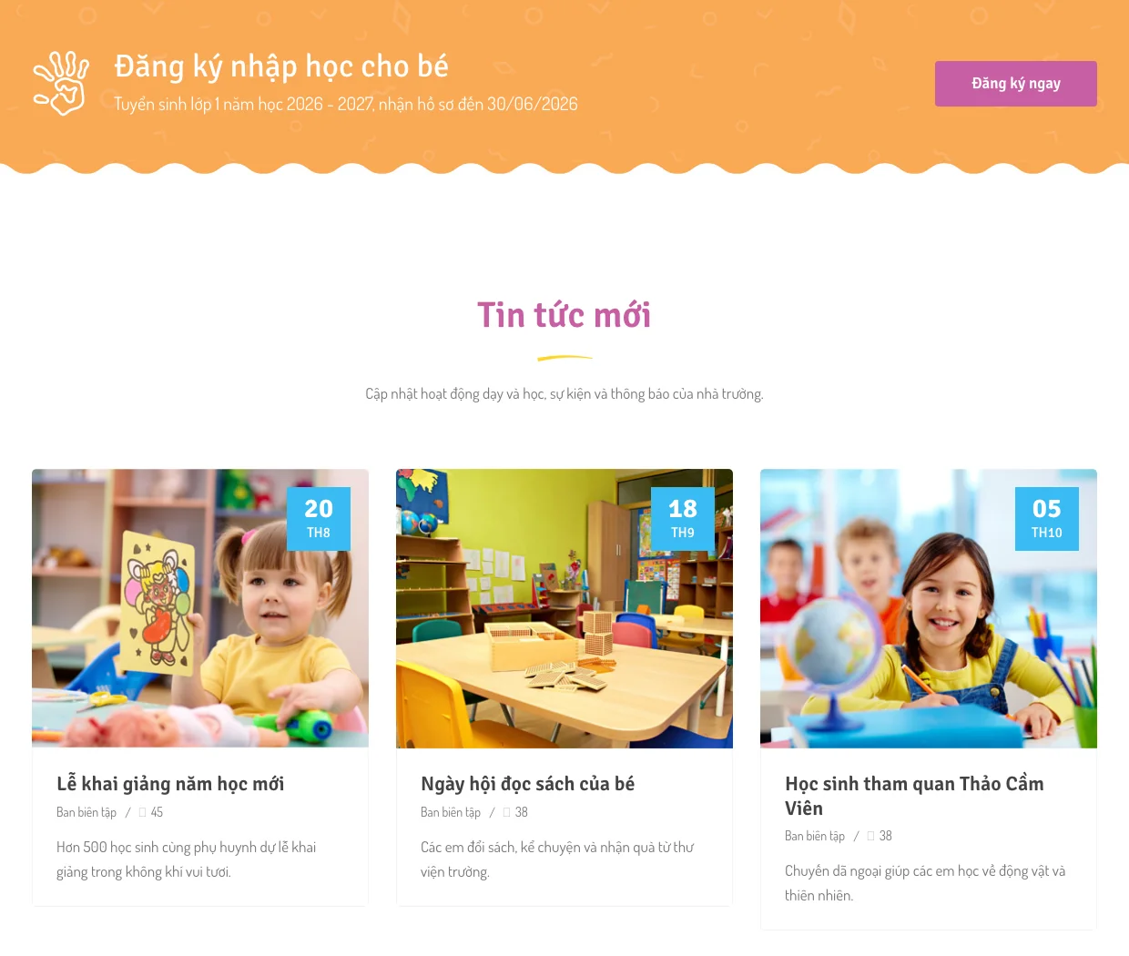 Dải đăng ký nhập học và khối tin tức hoạt động trên mẫu website trường tiểu học Poznan