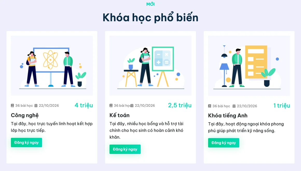 Thẻ khoá học ngoại khoá có nút đăng ký trên mẫu website trường THCS Eginary