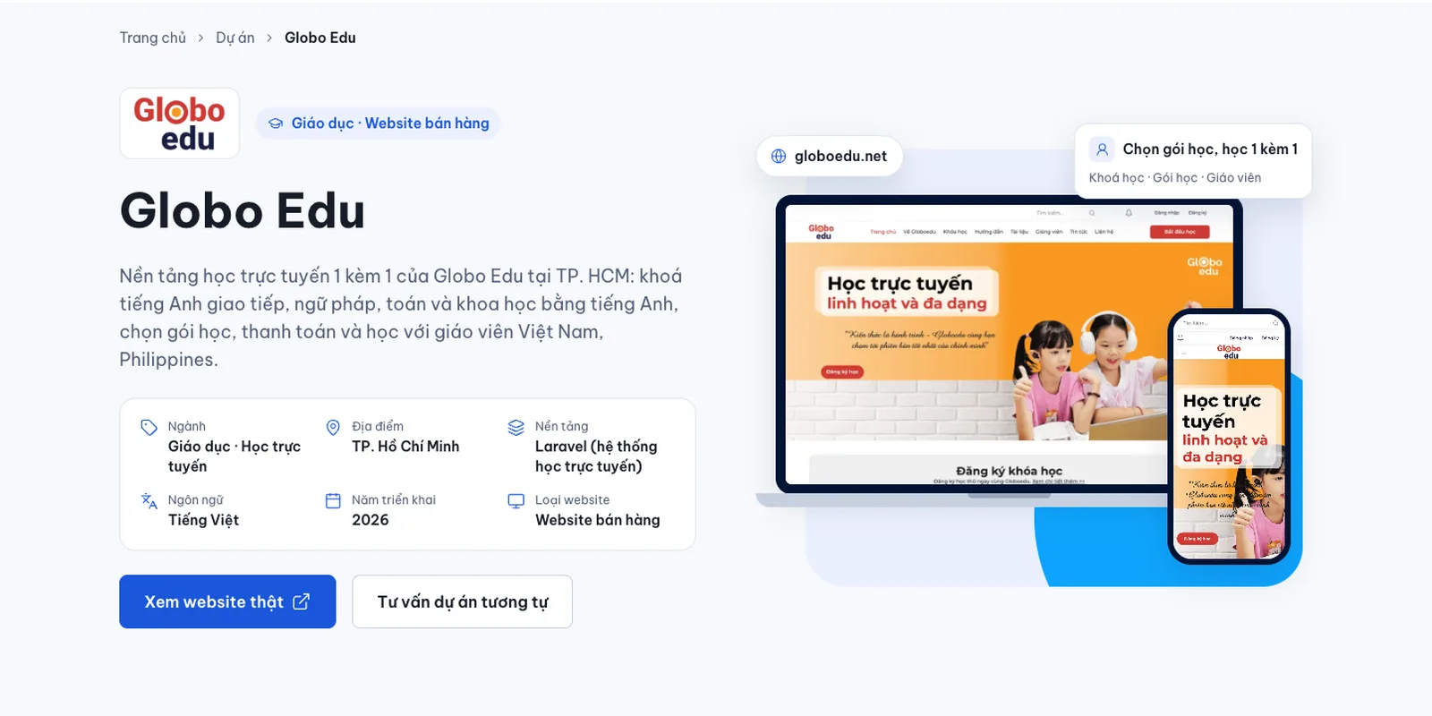 Trang dự án website Globo Edu, nền tảng học trực tuyến 1 kèm 1 cho trẻ, do 123Website thực hiện