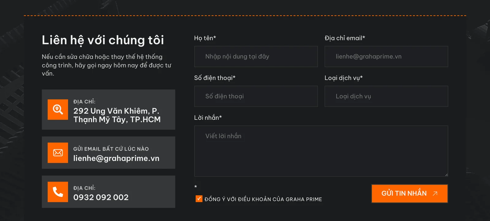 Form liên hệ có ô loại dịch vụ trên mẫu website xây dựng GrahaPrime