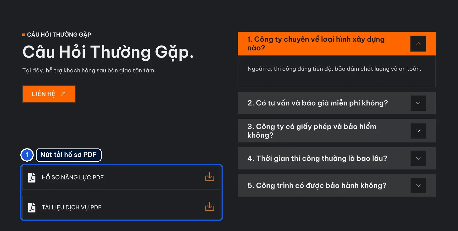 Khối hỏi đáp và nút tải hồ sơ năng lực PDF trên mẫu GrahaPrime