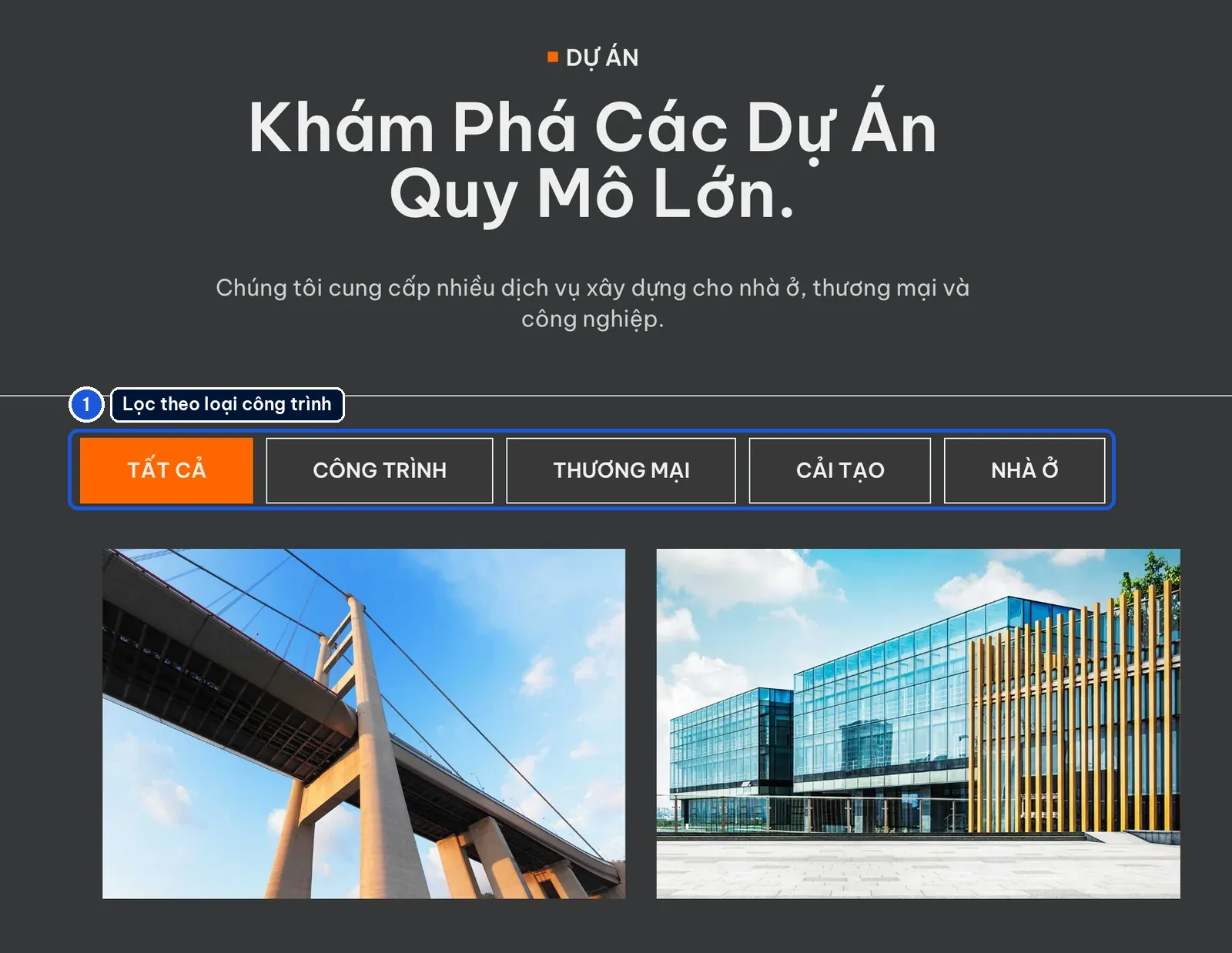 Bộ lọc dự án theo loại công trình trên mẫu website xây dựng GrahaPrime