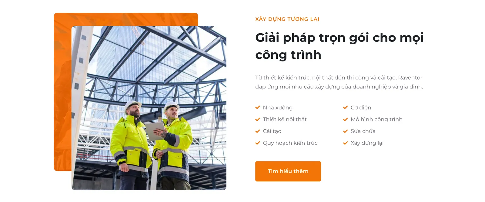 Khối dịch vụ nhà xưởng, cải tạo, sửa chữa, cơ điện trên mẫu website xây dựng Raventor