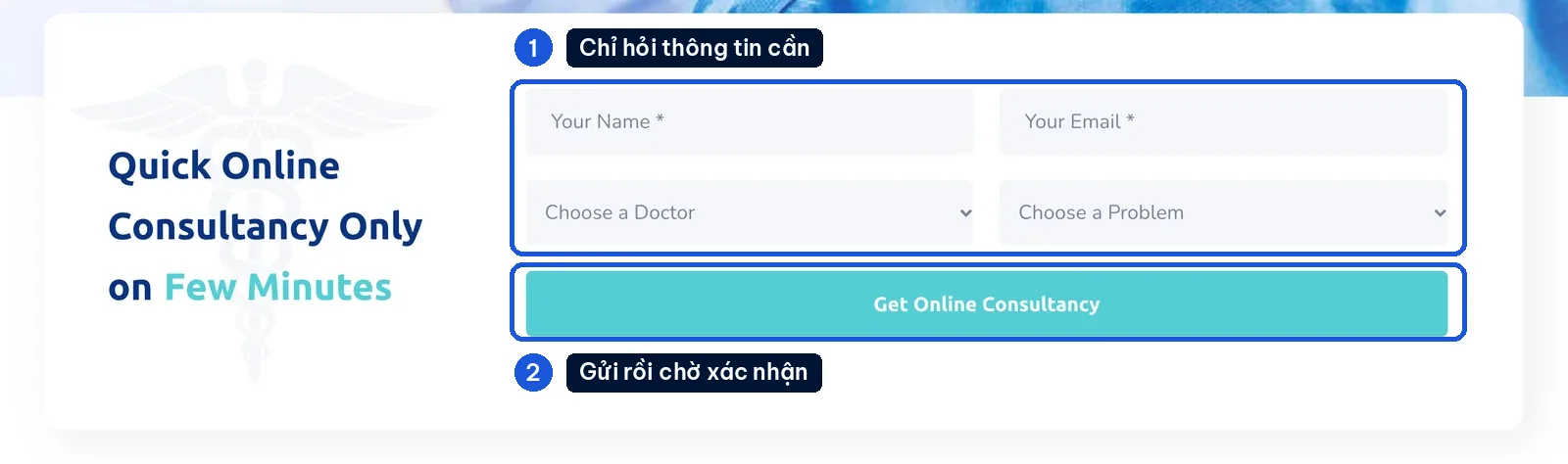 Form gửi yêu cầu tư vấn trên mẫu website y tế với ô chọn bác sĩ và nhu cầu