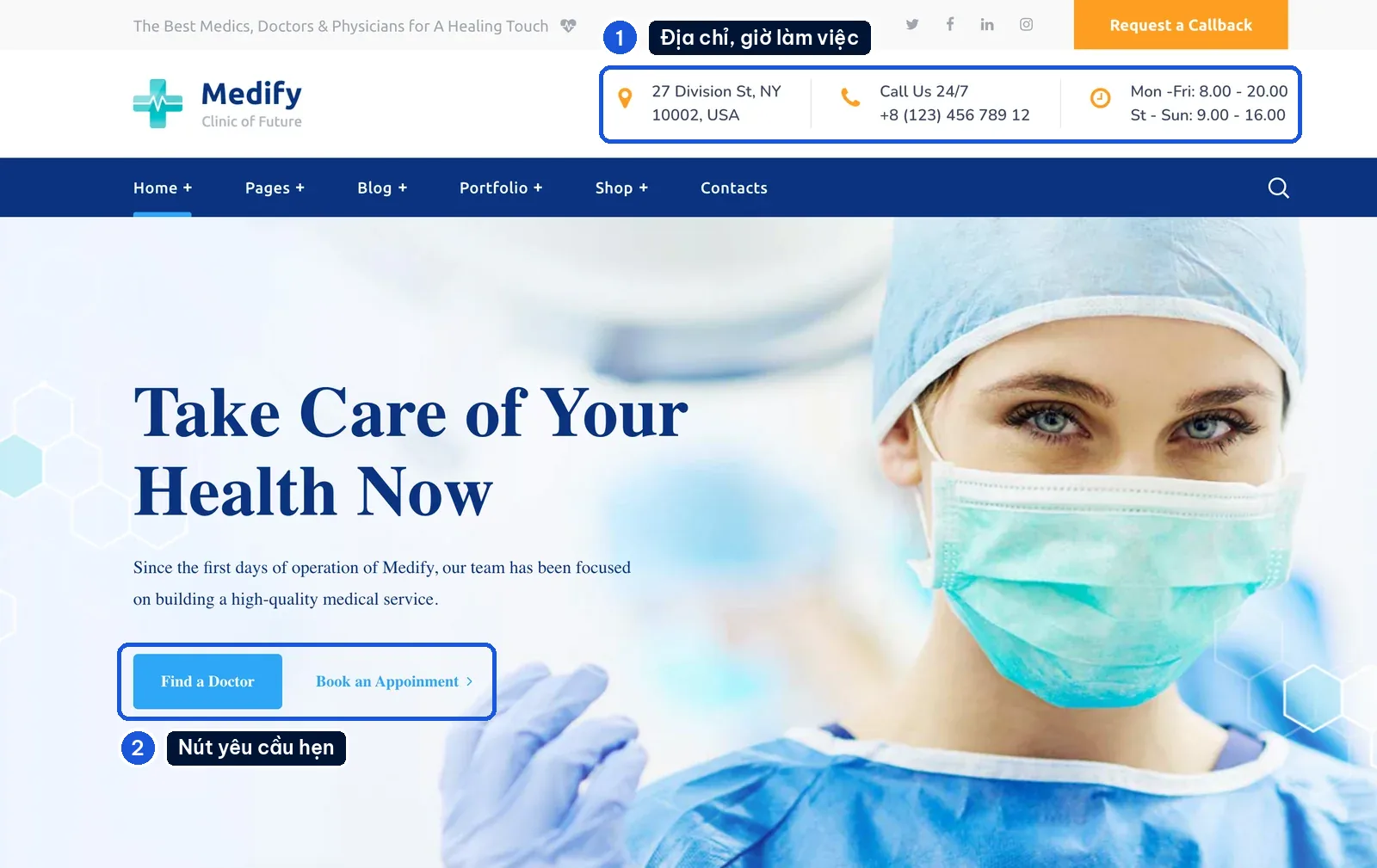 Đầu trang mẫu website y tế hiển thị địa chỉ, hotline, giờ làm việc và nút đặt hẹn