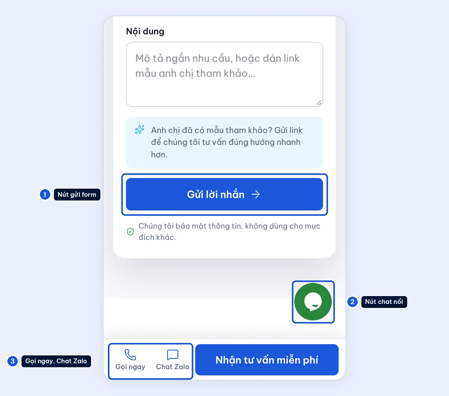 Form liên hệ trên điện thoại với nút gửi form, nút chat nổi và thanh Gọi ngay, Chat Zalo