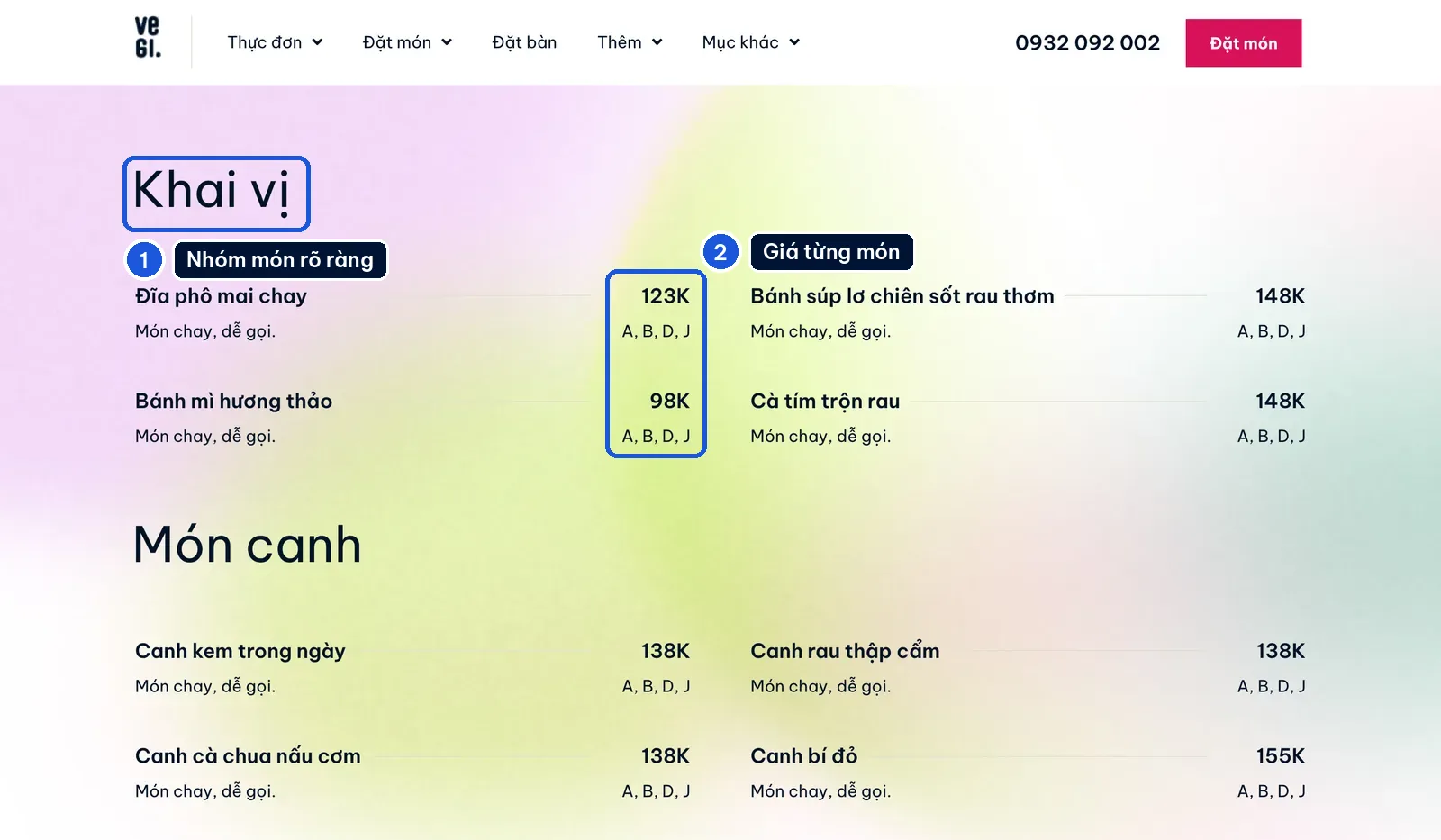 An online menu grouped by dish, with a price on each item, on the Vegi restaurant template