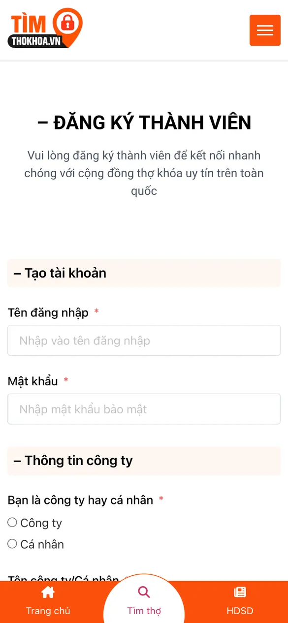 Website Tìm Thợ Khóa - Đăng ký trên điện thoại