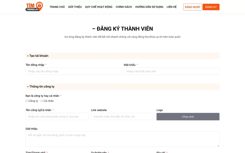 Website Tìm Thợ Khóa - Đăng ký thành viên