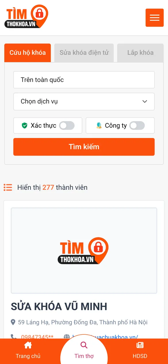 Website Tìm Thợ Khóa - Tìm thợ trên điện thoại