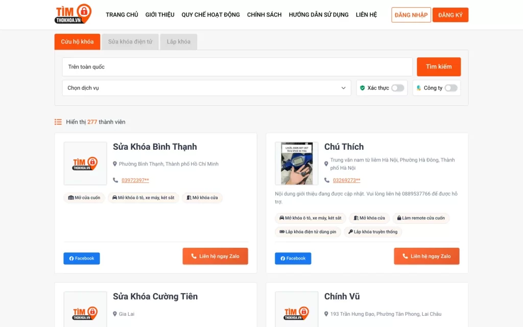 Website Tìm Thợ Khóa - Kết quả tìm thợ