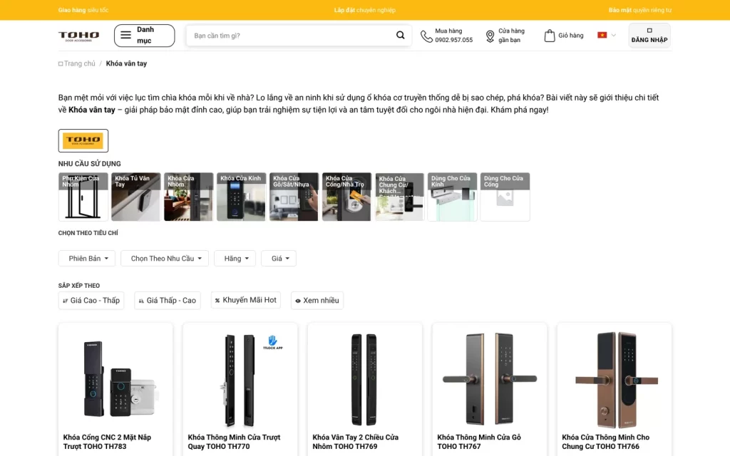 Website TOHO Việt Nam - Danh mục Khóa vân tay