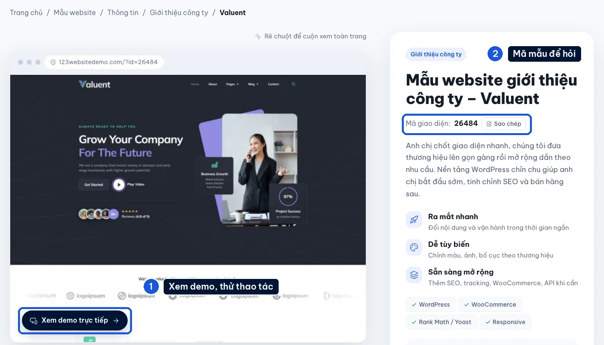 Trang mẫu Valuent trên 123Website với nút Xem demo trực tiếp và mã giao diện