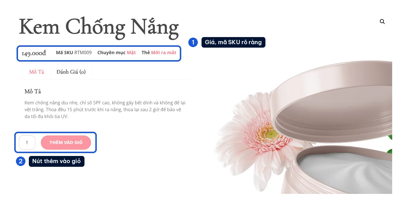 Trang chi tiết sản phẩm kem chống nắng trên mẫu website mỹ phẩm Tasya
