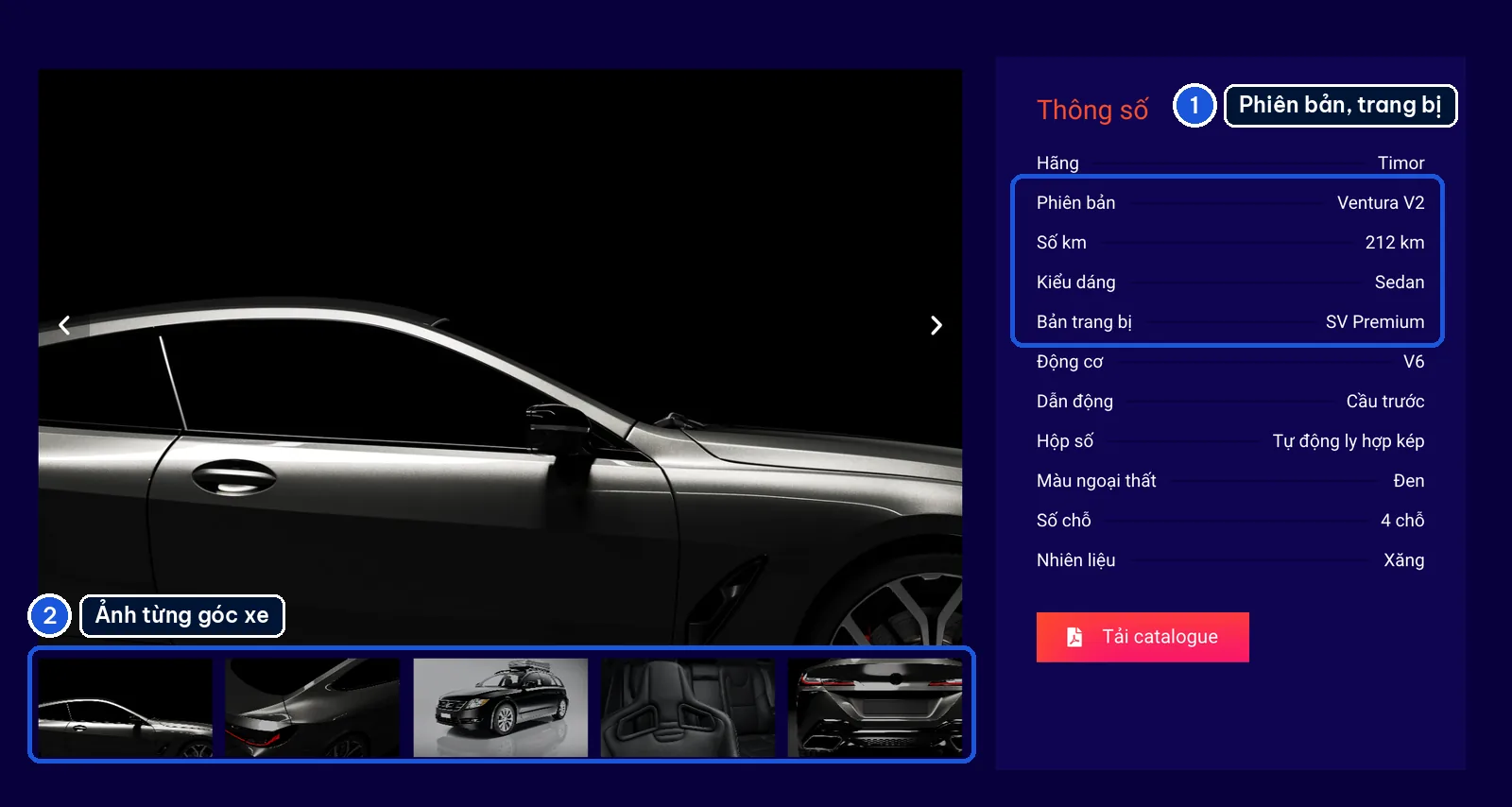 Trang chi tiết xe trên mẫu website xe AutoKit với bảng thông số phiên bản và bộ ảnh
