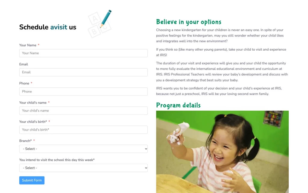 Website IRIS Preschool - Đăng ký tham quan