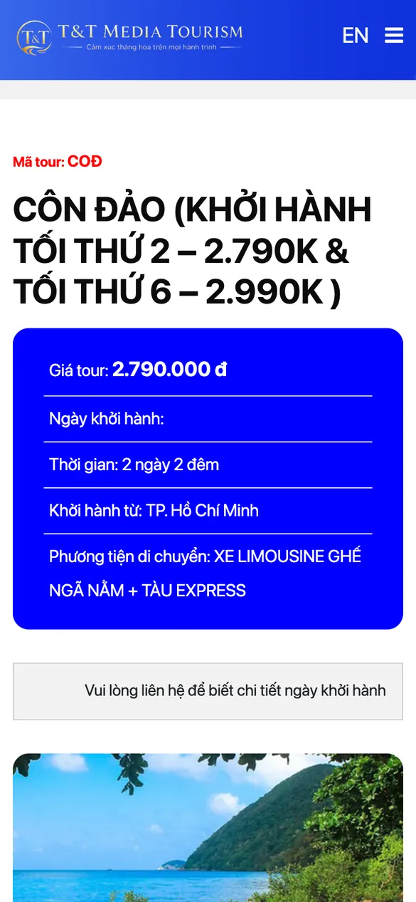 Website T&T Media Tourism - Chi tiết tour trên điện thoại