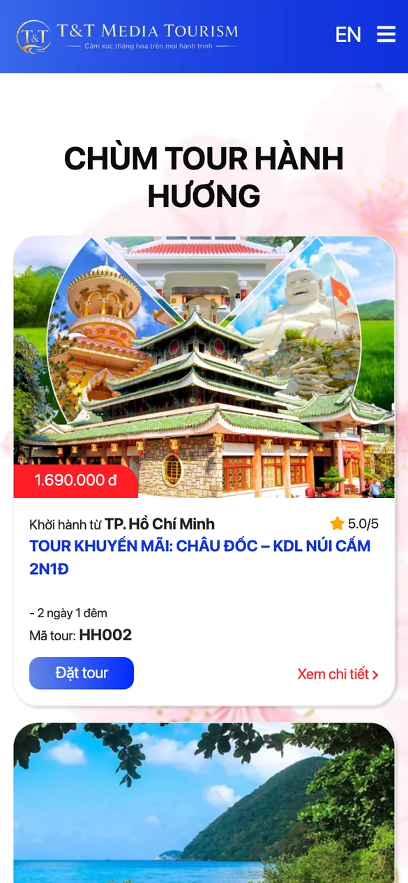 Website T&T Media Tourism - Danh sách tour trên điện thoại