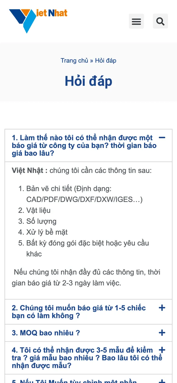 Website Việt Nhật Precision - Hỏi đáp trên điện thoại