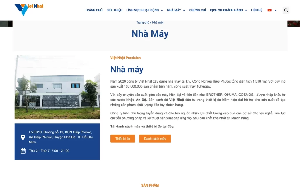 Website Việt Nhật Precision - Nhà máy