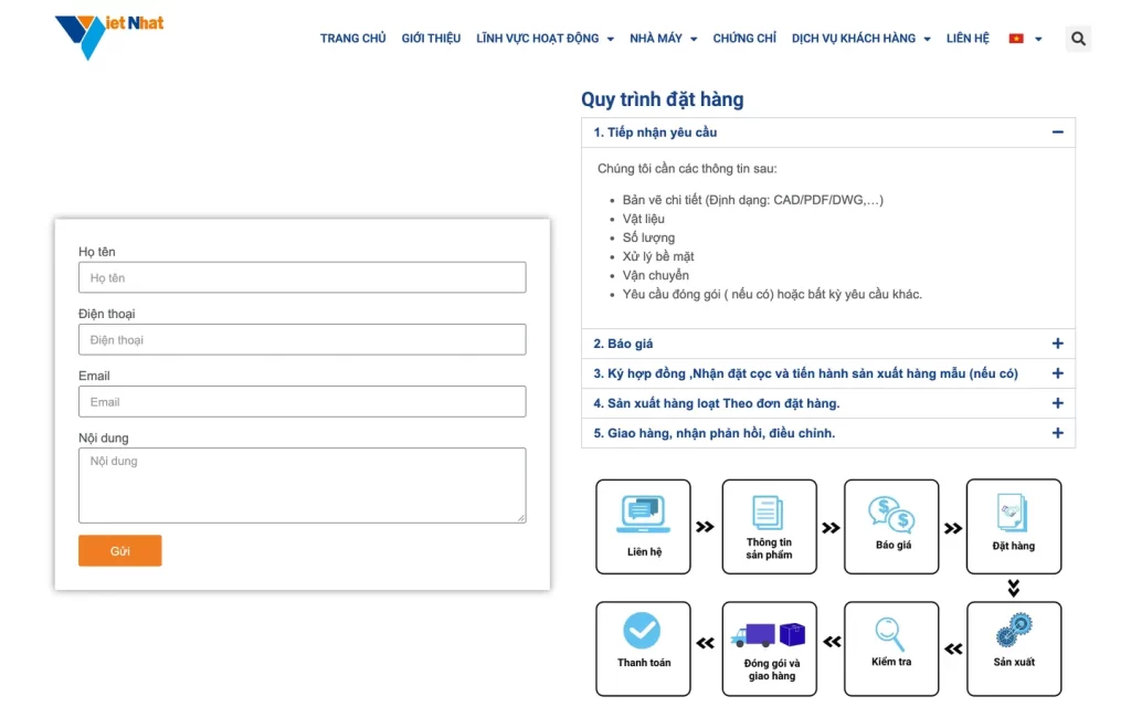 Website Việt Nhật Precision - Quy trình đặt hàng