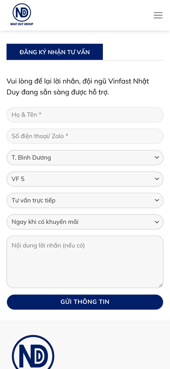 Website VinFast Nhật Duy - Form tư vấn trên điện thoại
