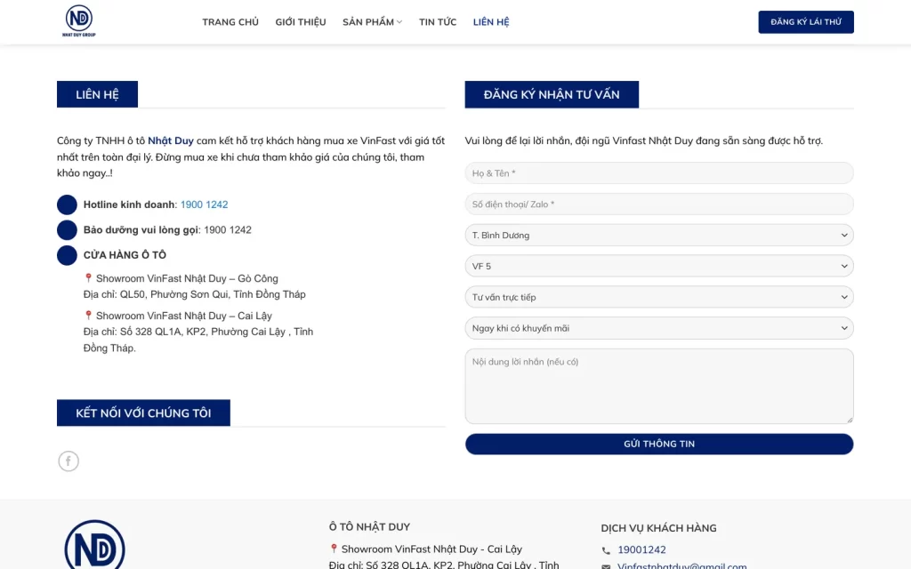 Website VinFast Nhật Duy - Liên hệ và đăng ký tư vấn