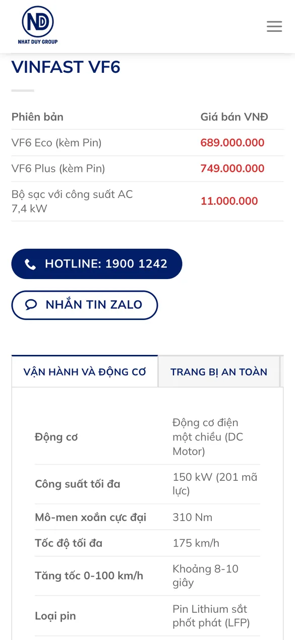 Website VinFast Nhật Duy - Bảng giá xe trên điện thoại