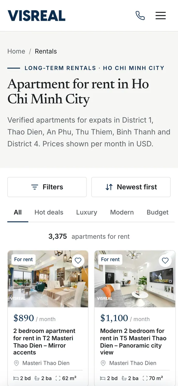 Website Visreal - Danh sách trên điện thoại