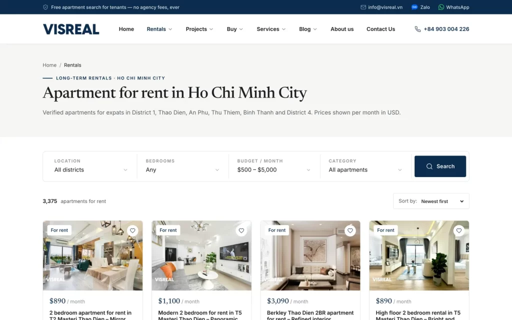 Website Visreal - Căn hộ cho thuê