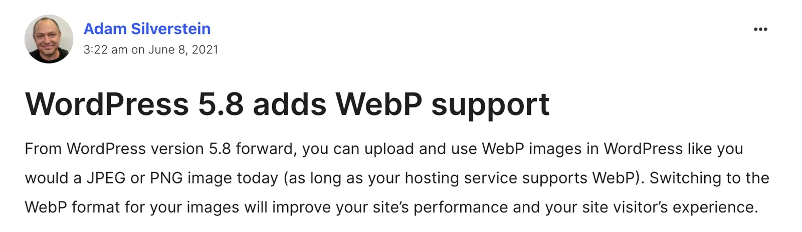 Bài thông báo WordPress 5.8 hỗ trợ WebP khi hosting hỗ trợ