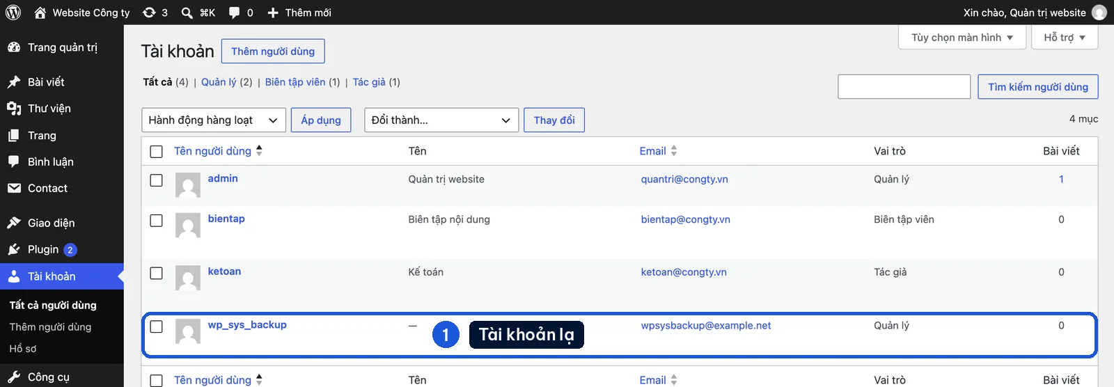 Mục Tài khoản trong WordPress có một tài khoản quyền Quản lý lạ