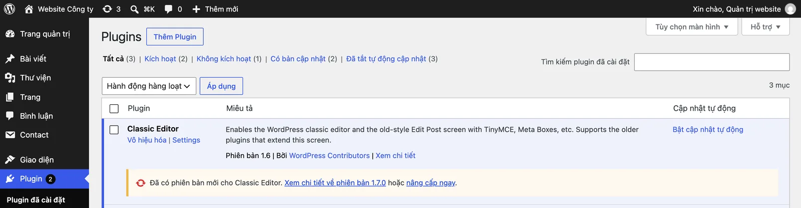 Trang plugin WordPress báo có phiên bản mới cần cập nhật
