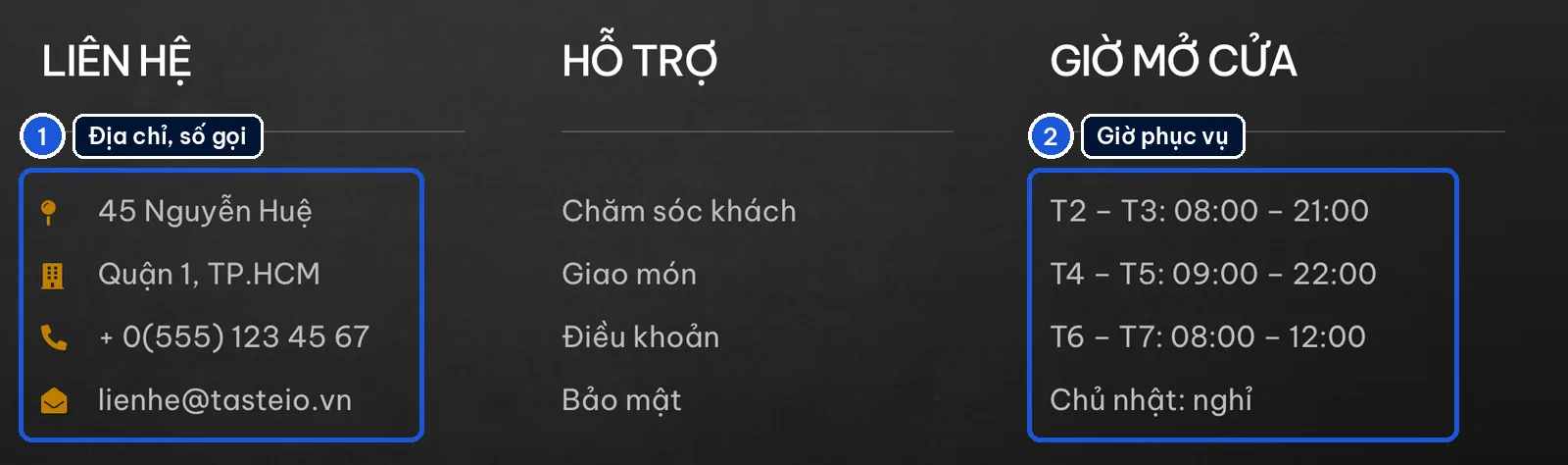 Chân trang mẫu website nhà hàng Tasteio: khối liên hệ có địa chỉ, số điện thoại và khối giờ mở cửa