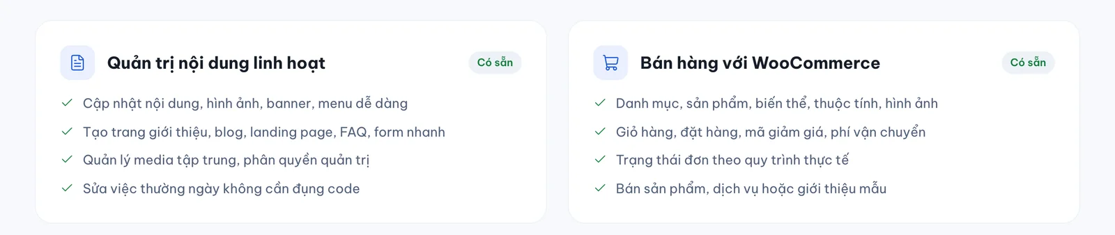 Tính năng WooCommerce: danh mục, sản phẩm, biến thể, thuộc tính, giỏ hàng