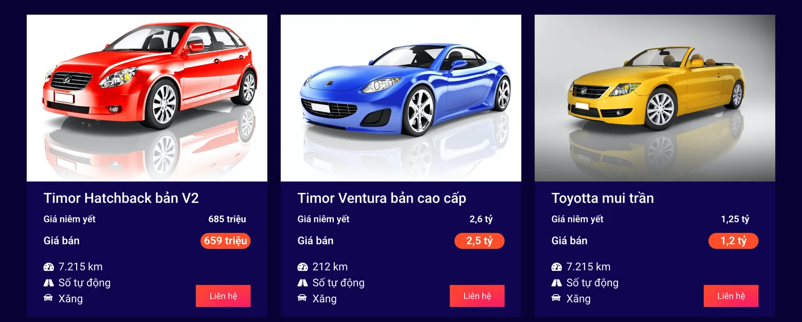Thẻ xe hiển thị giá niêm yết và giá bán trên mẫu website xe AutoKit