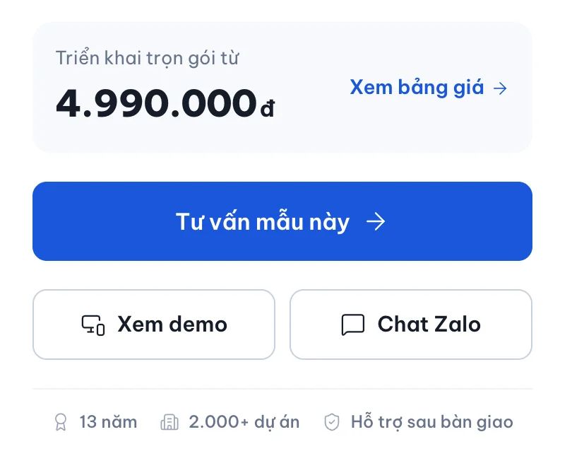 Nút Xem demo và Chat Zalo trên trang mẫu website thời trang Glamics