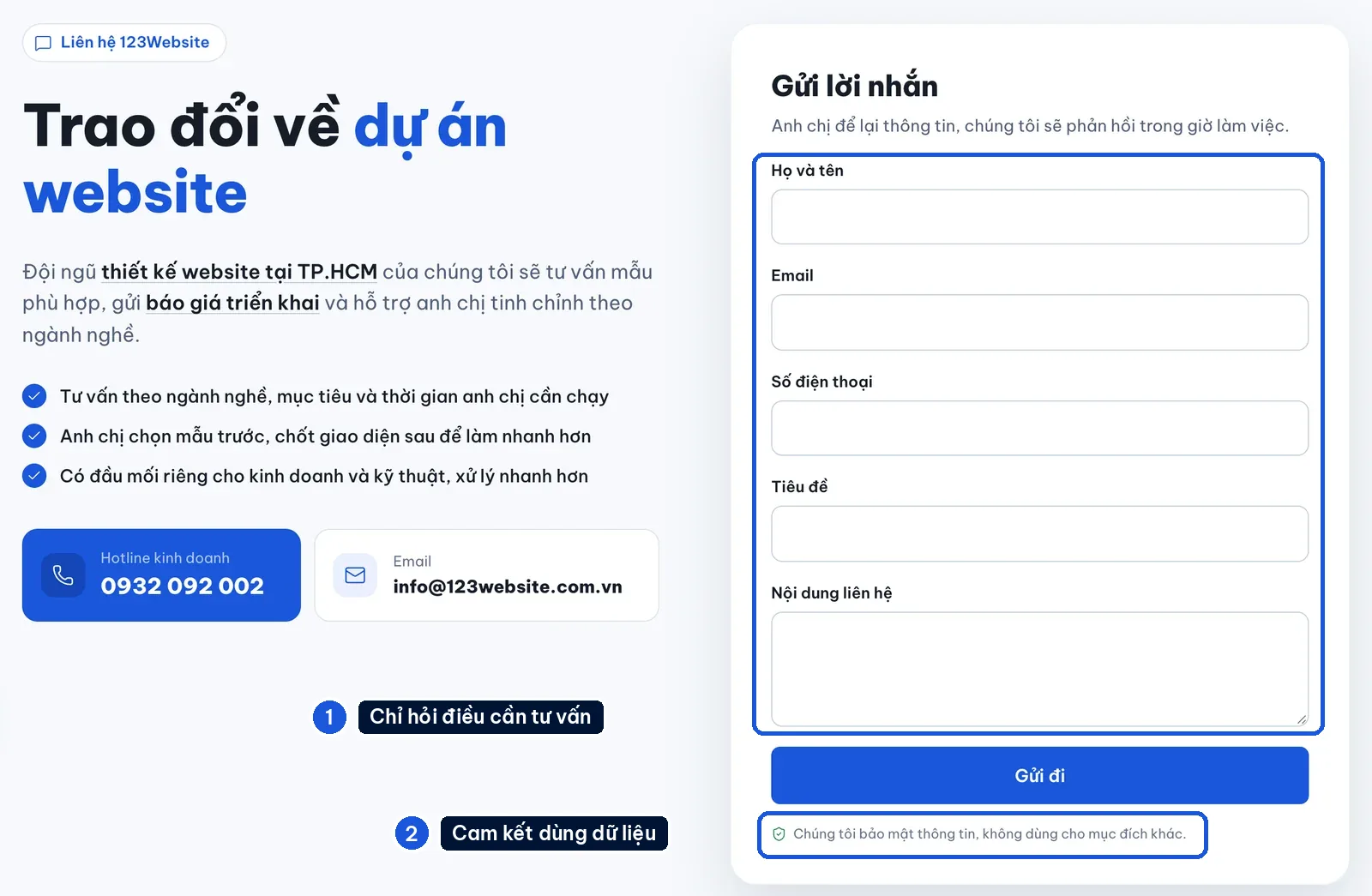 Form liên hệ trên website 123Website chỉ gồm họ tên, email, số điện thoại, tiêu đề và nội dung
