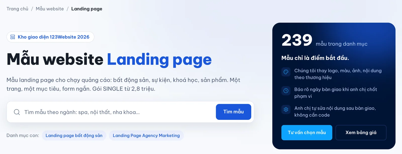Danh mục mẫu website landing page cho chạy quảng cáo trên 123Website